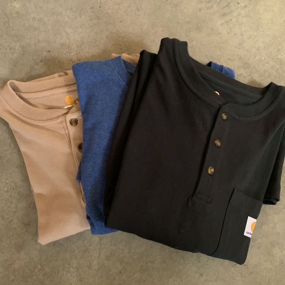 Carhartt Black, Tan, and Blue Shirts